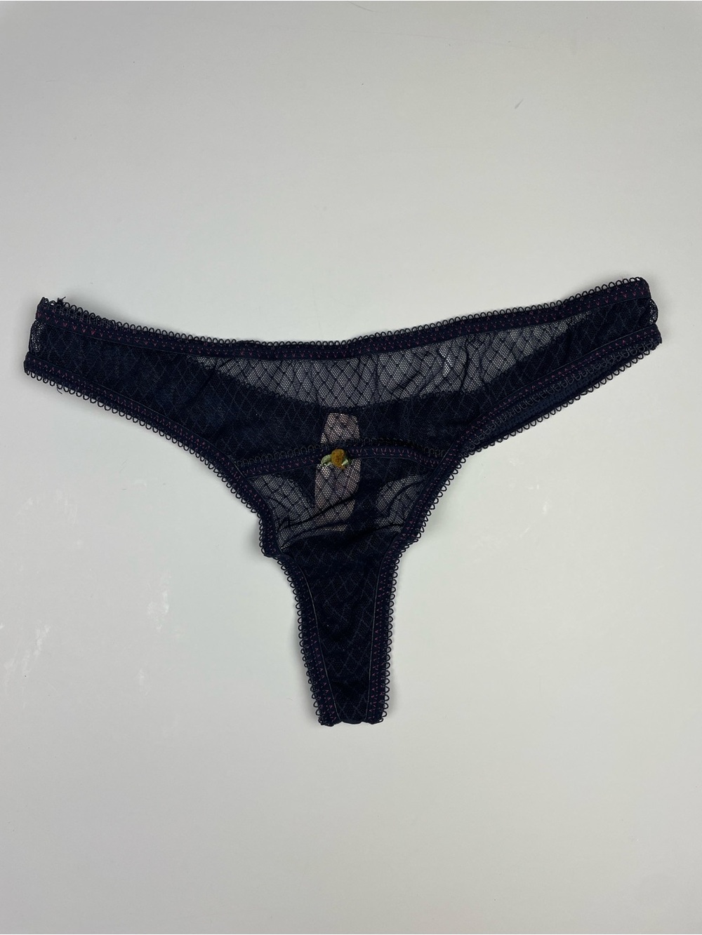NWT 2009 Victoria's Secret Black Sheer Lace & Pink Stitching Panty Yellow Rose